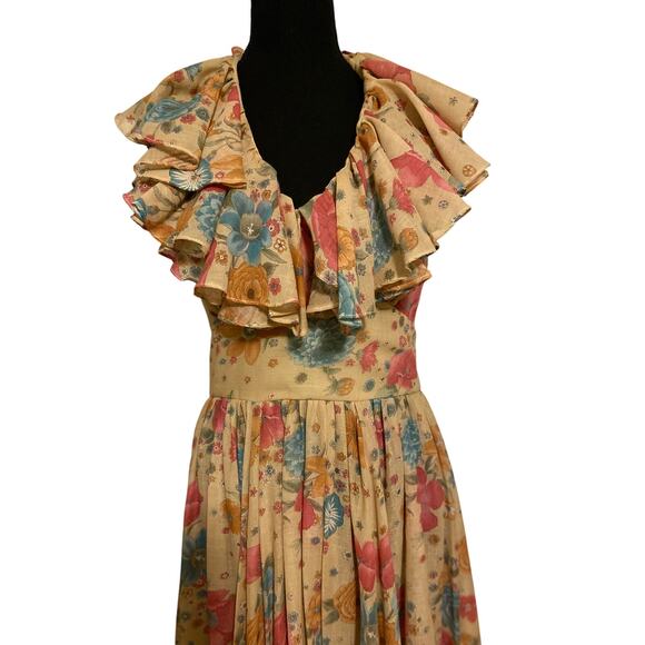 1970s Vintage Denise Are There Floral Halter Maxi Dress Ruffled Small Medium Jr - Picture 11 of 11